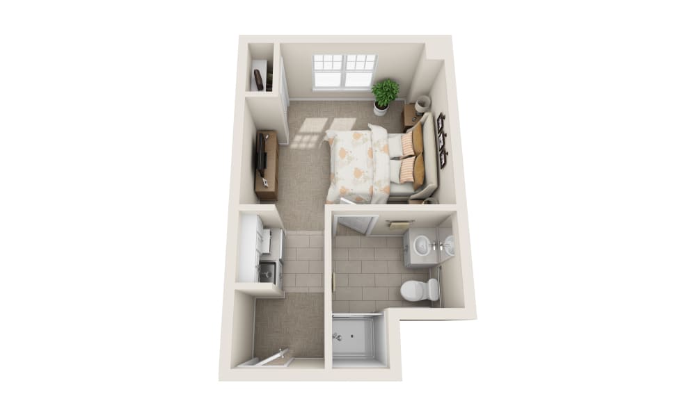 3D floor plan of a compact one-bedroom apartment layout.