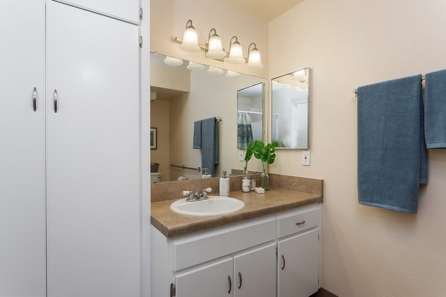 A tidy bathroom with a vanity, sink, and mirror, featuring modern lighting and neatly arranged towels.