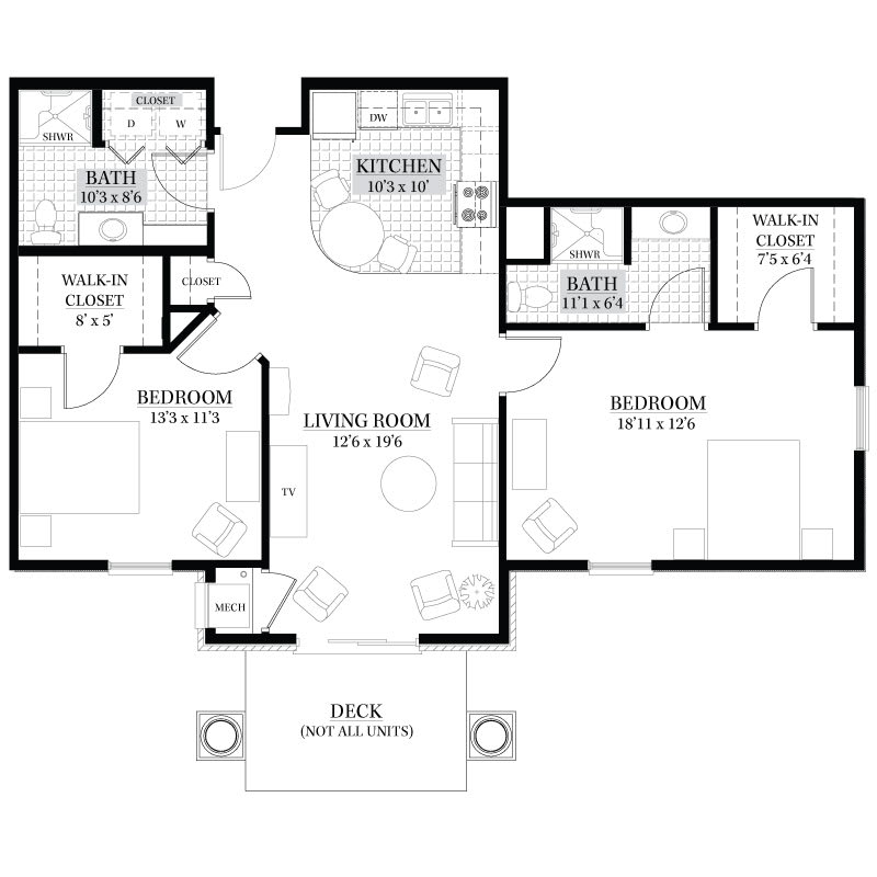 A detailed floor plan depicting the layout of a house with multiple rooms including bedrooms, bathrooms, a living area, and a deck.