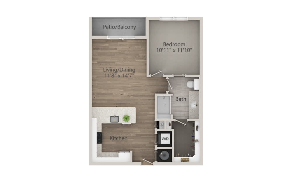 A floor plan of a 1-bedroom apartment featuring a living room, kitchen, bathroom, and balcony.