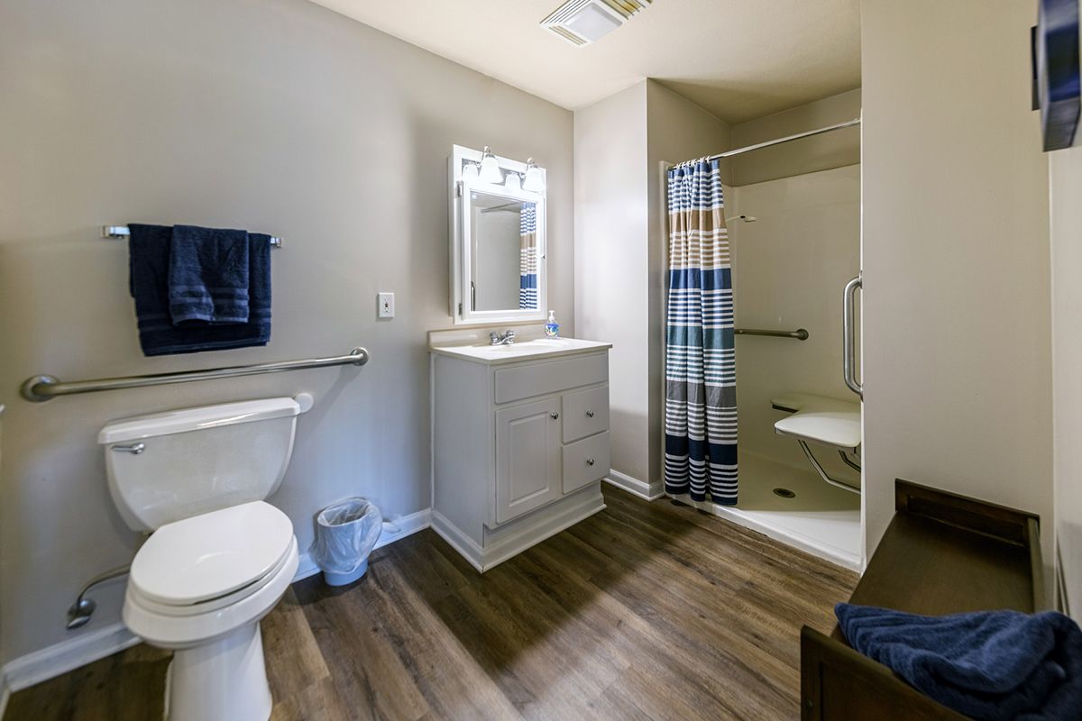 A modern bathroom with a toilet, sink, mirror, and shower area.