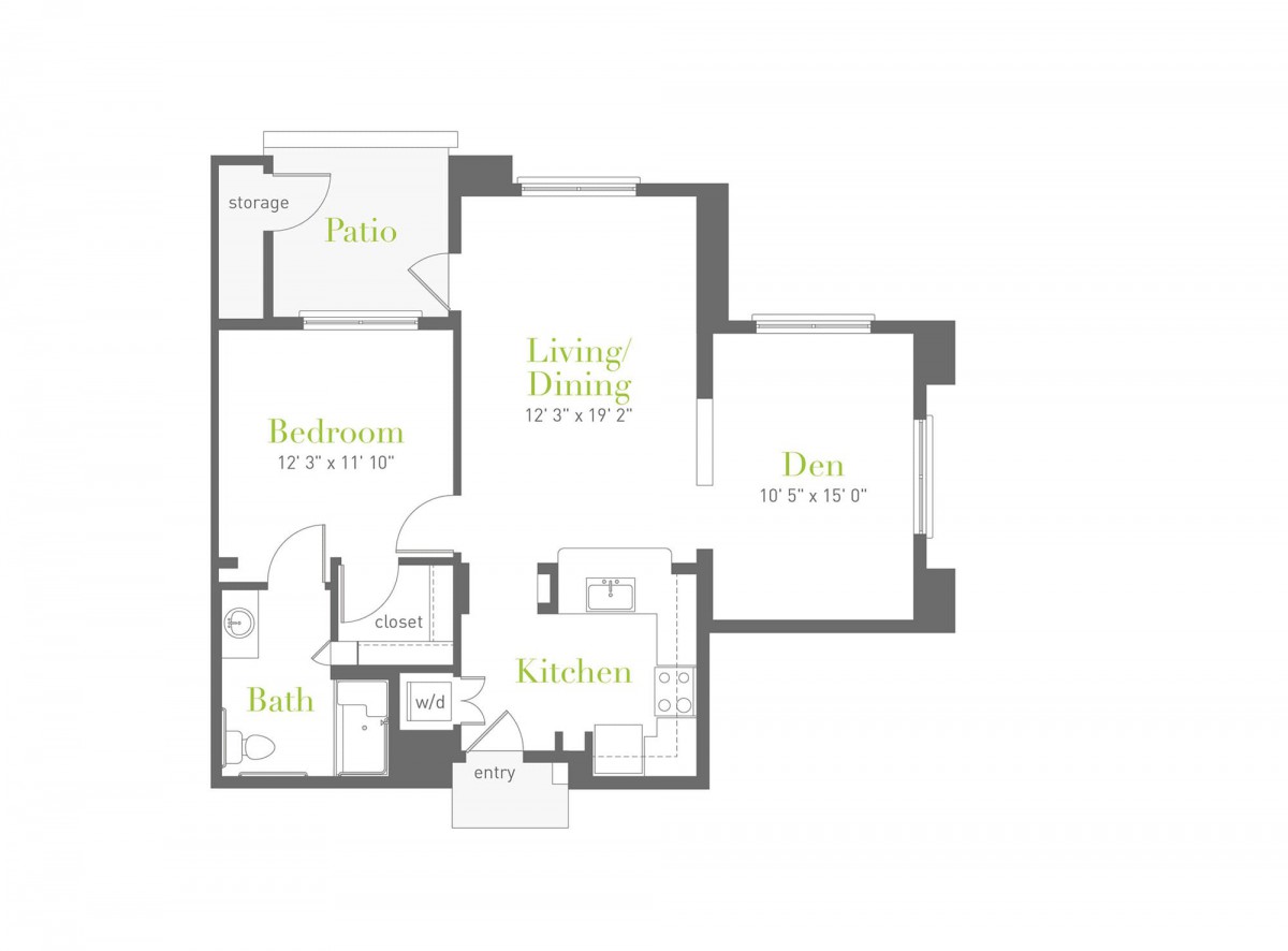 A simple floor plan of an apartment with designated areas for a bedroom, living/dining room, kitchen, bath, and deck.