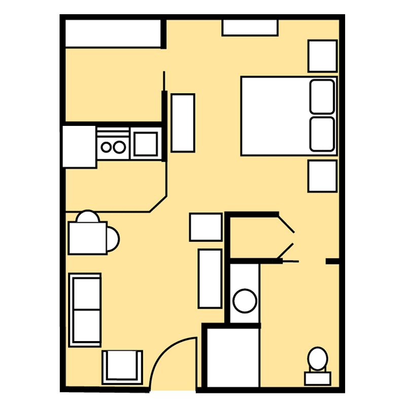 Studio apartment floor plan showing a compact layout with living, kitchen, and sleeping areas.