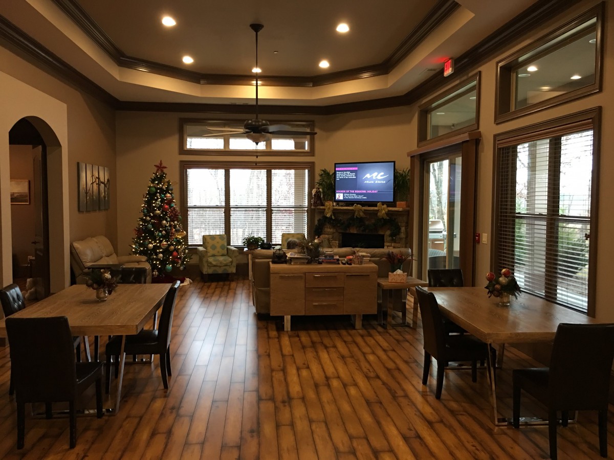 A cozy living room featuring a Christmas tree, comfortable seating, and a television.