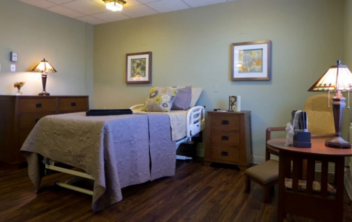 A well-furnished hospital room with a comfortable bed and wooden furniture.