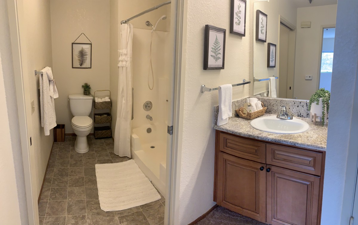 A well-organized bathroom with modern fixtures and decor.