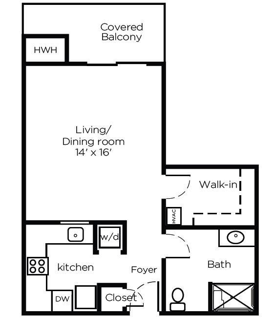 A floor plan of a one-bedroom apartment featuring a living/dining room, kitchen, bathroom, walk-in closet, and covered balcony.