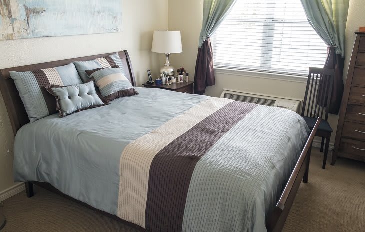 A neatly arranged bedroom featuring a bed with decorative pillows, a lamp on the side table, and light filtering through the window.