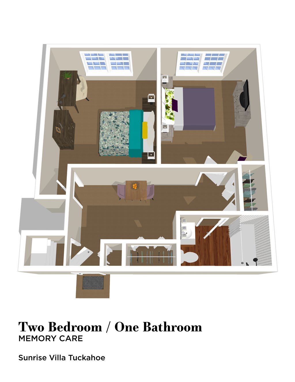 A 3D floor plan of a two-bedroom, one-bathroom apartment layout.