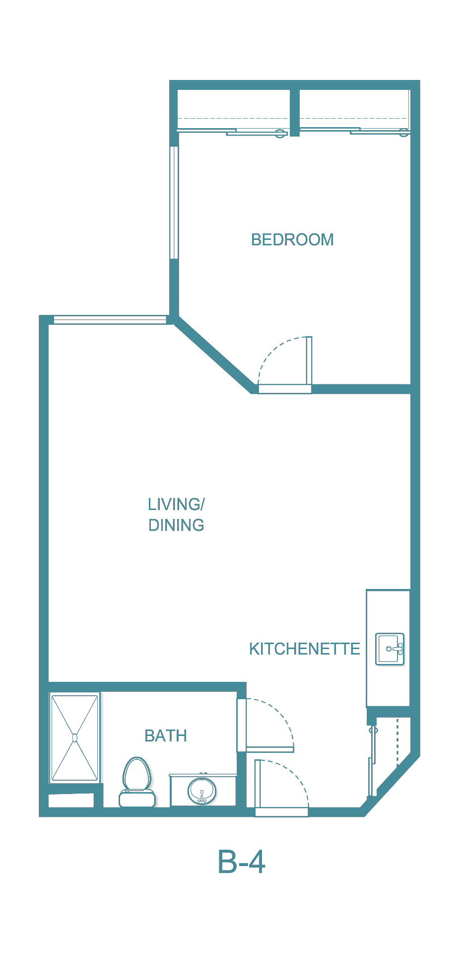 A floor plan of a studio apartment featuring a living/dining area and a kitchenette.