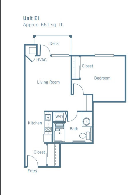 A floor plan of a one-bedroom apartment with a living room, kitchen, bathroom, and deck.