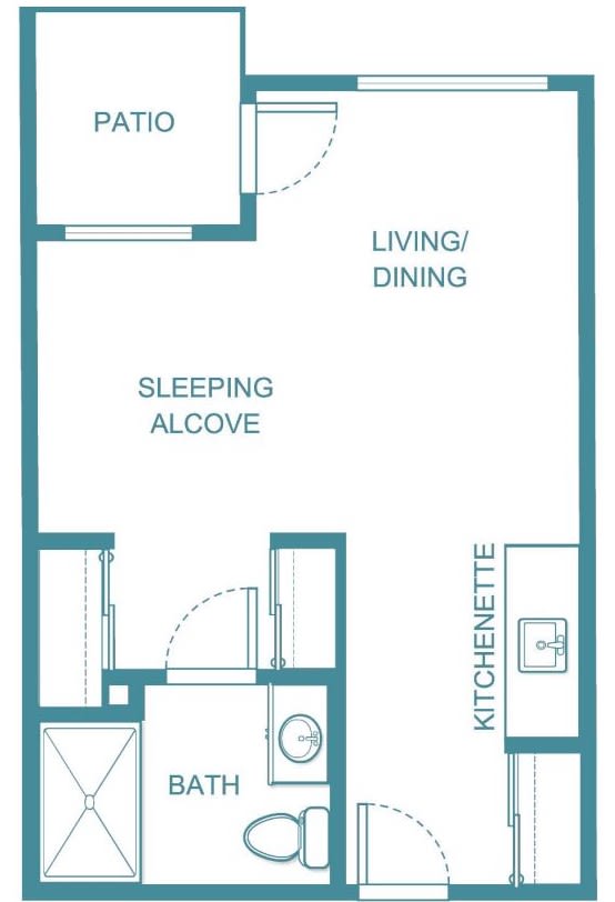 A floor plan of a compact studio apartment featuring a sleeping alcove, kitchenette, and living/dining area.