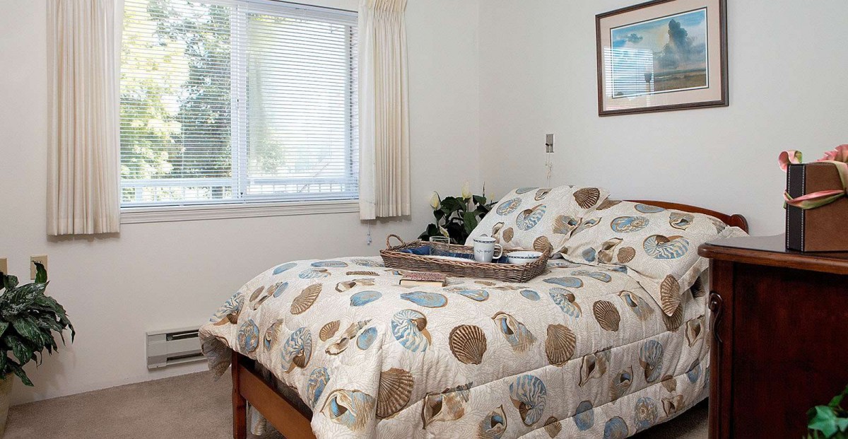 A cozy bedroom with patterned bedding and a bright window letting in natural light.