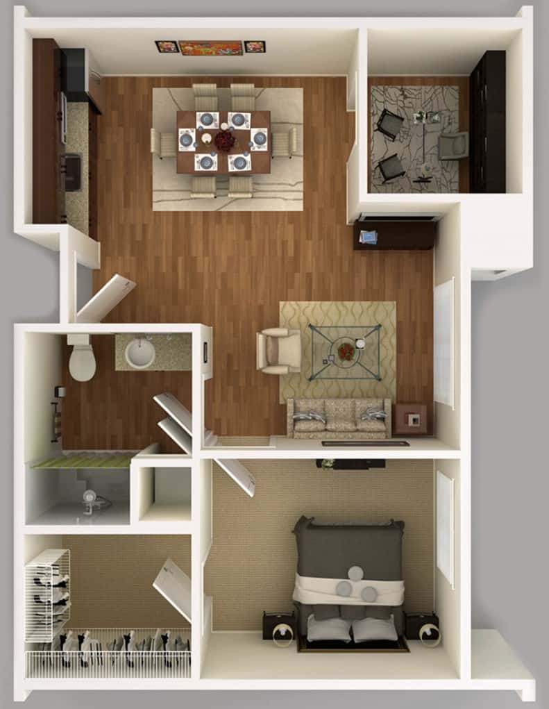 A detailed floor plan of an apartment showing a living room, bedroom, dining area, and bathroom.