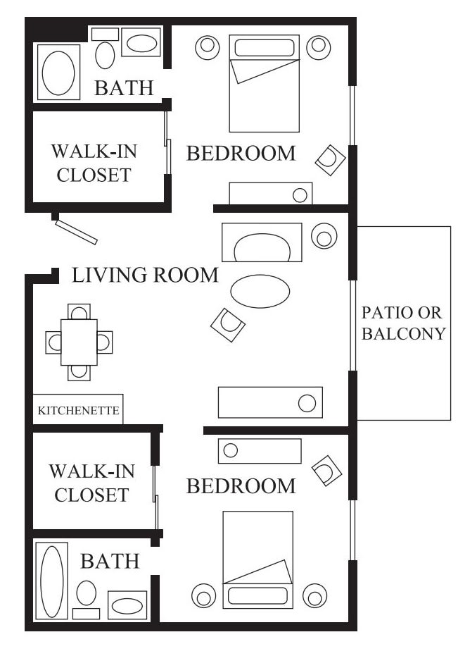 A two-bedroom apartment floor plan featuring a living room, kitchenette, two walk-in closets, and a patio or balcony.