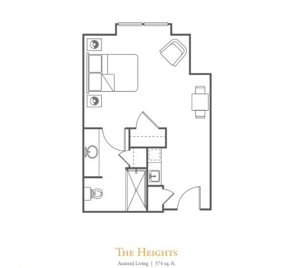 Studio apartment floor plan with designated areas for sleeping, dining, and a bathroom.