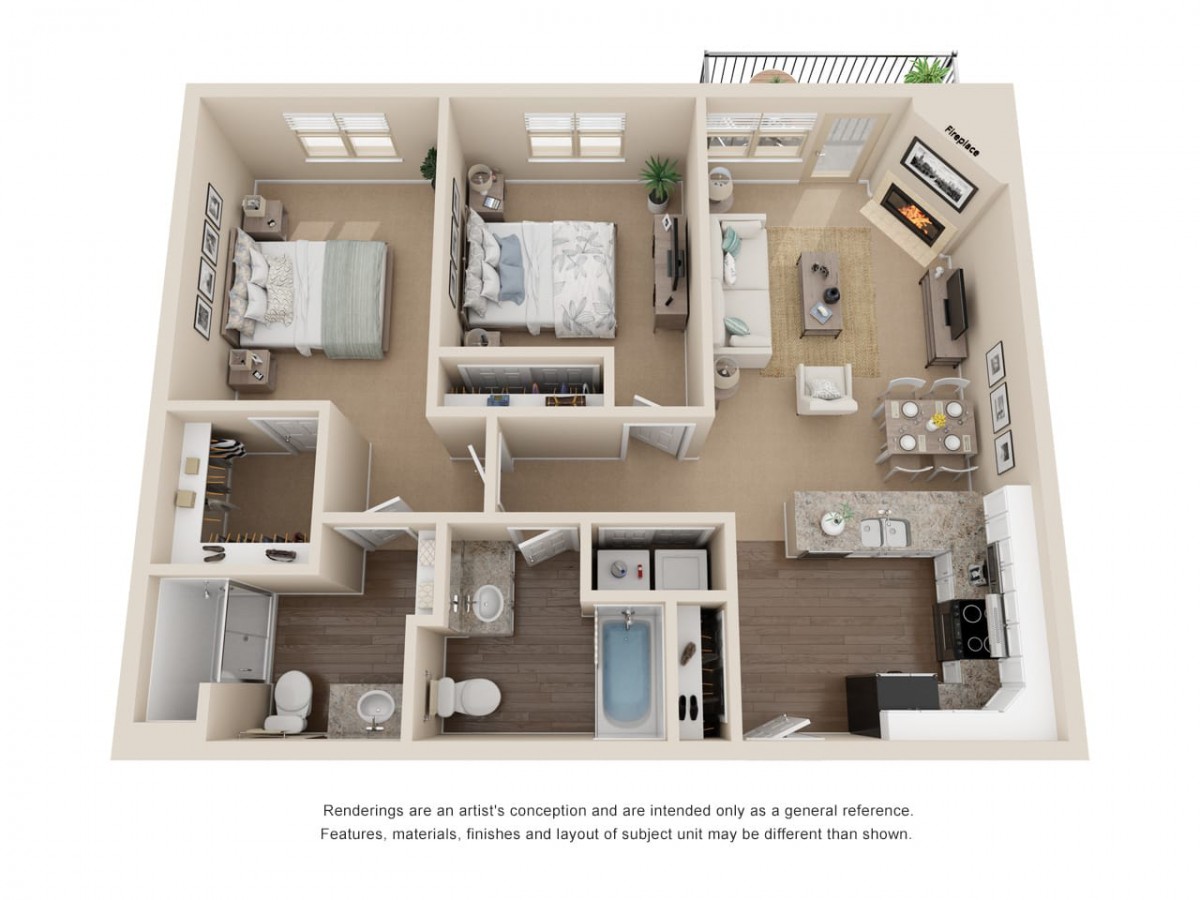 A 3D rendered floor plan of a two-bedroom apartment, featuring a kitchen, bathroom, and living area.