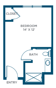 A floor plan of a bedroom measuring 14' x 12' with an attached bathroom.