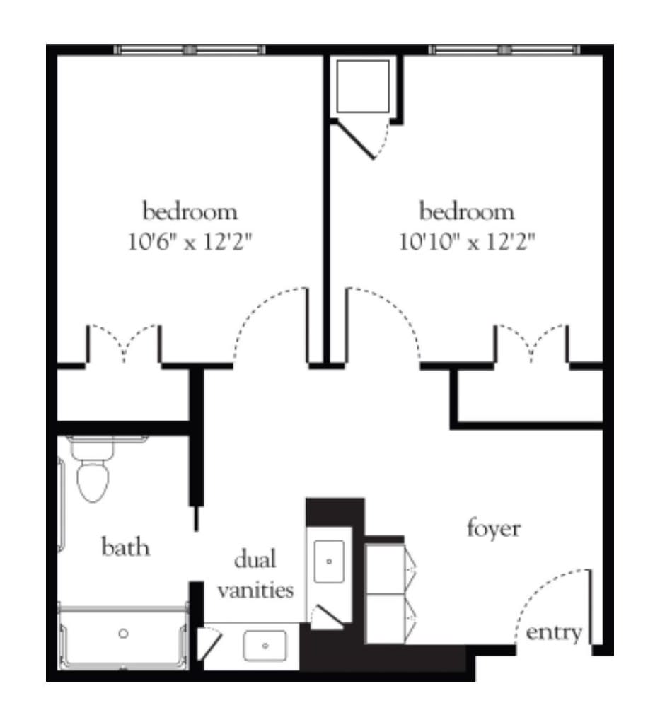 A two-bedroom apartment floor plan featuring a shared living area and bathroom.