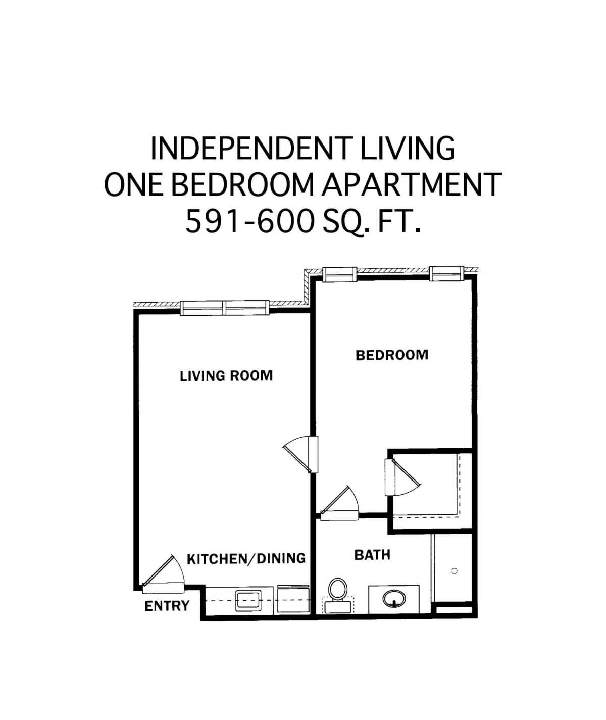 Floor plan of an independent living one bedroom apartment ranging from 591 to 600 square feet.
