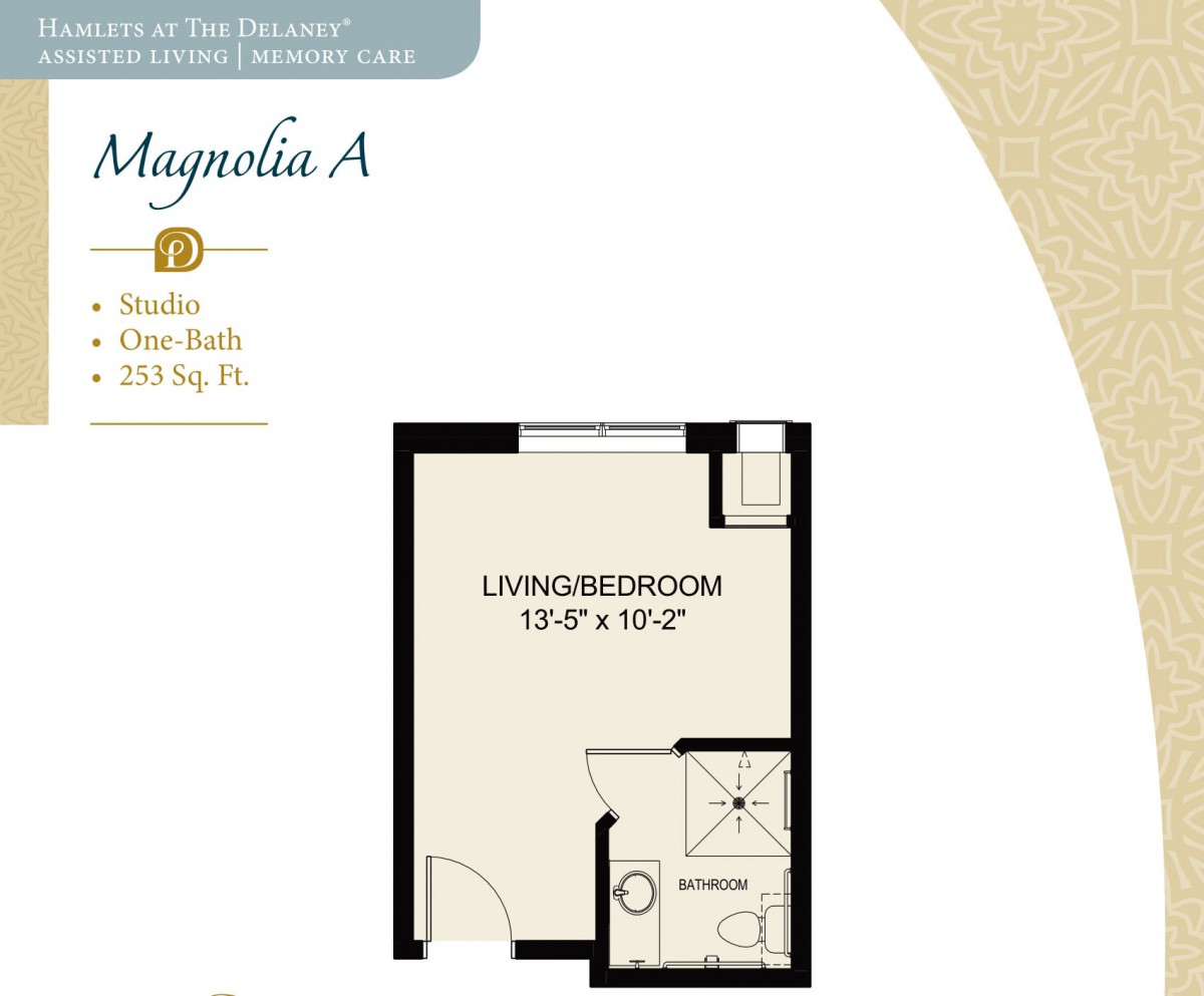 Magnolia A studio apartment floor plan with living/bedroom area and bathroom.