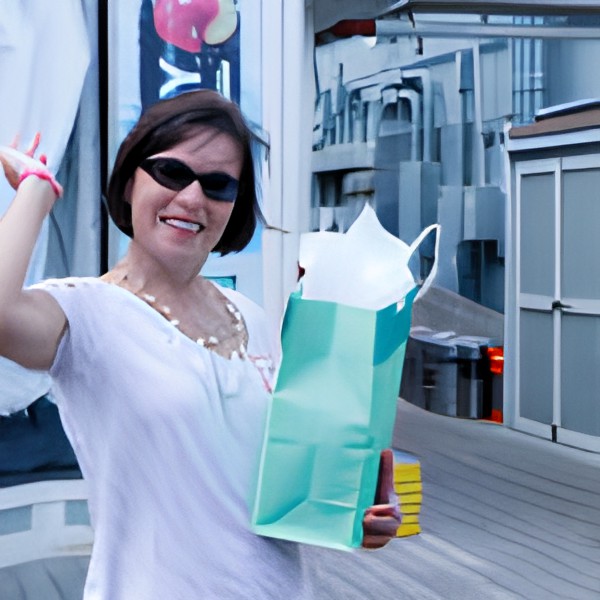 A woman smiling outdoors while holding a gift bag.