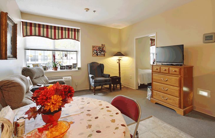 A cozy living room with a dining area, featuring an armchair, television, and decorative elements.