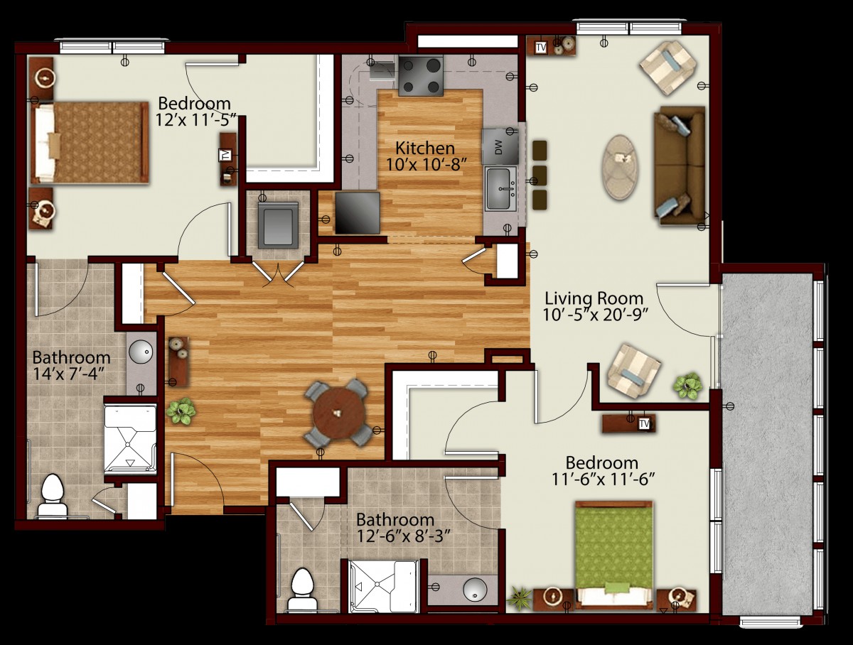 A detailed floor plan of a two-bedroom apartment showcasing the layout of rooms and spaces.
