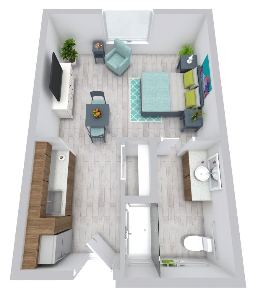 3D floor plan of a studio apartment with a bedroom, kitchen, living area, and bathroom.
