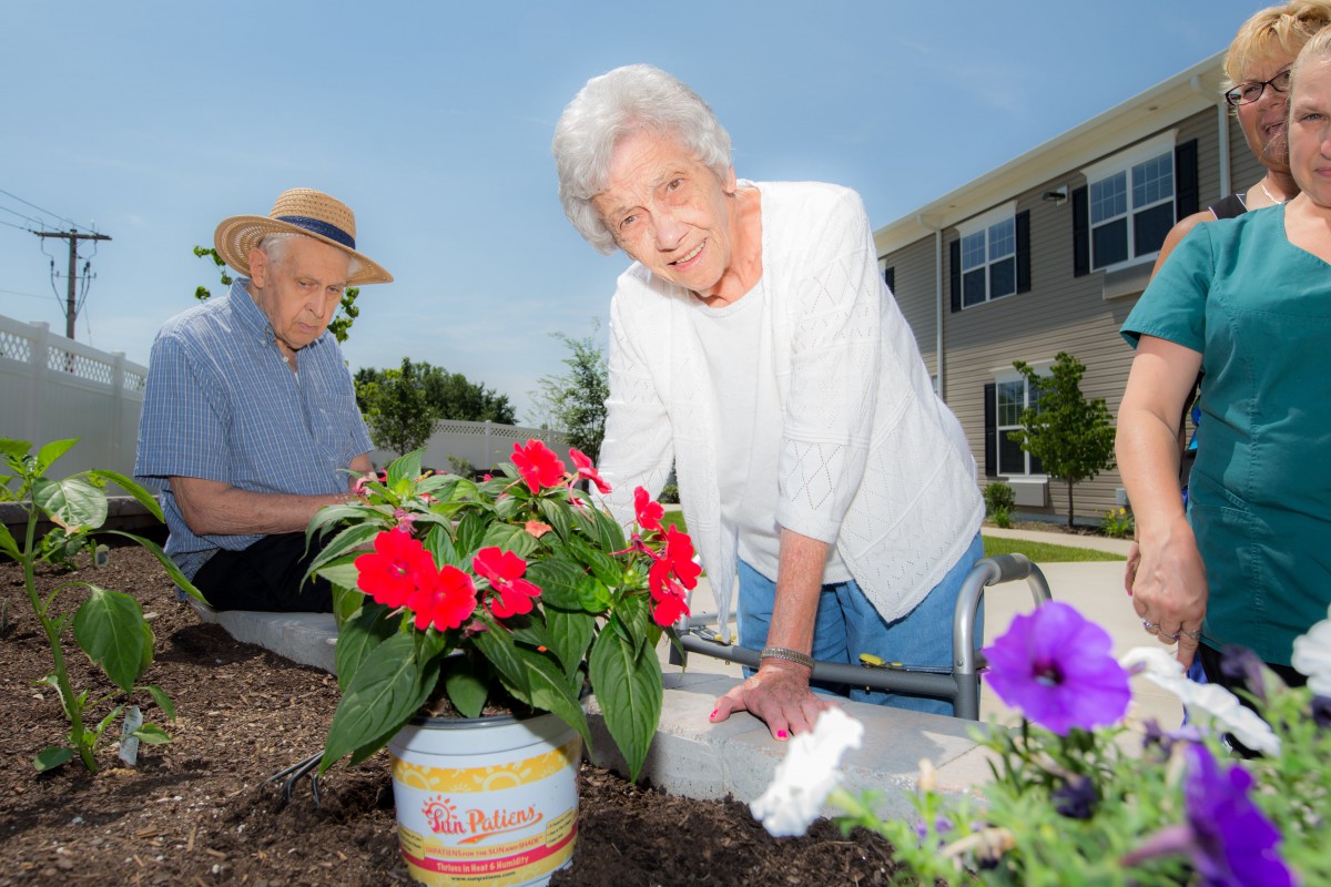 Two seniors enjoying gardening together outdoors.