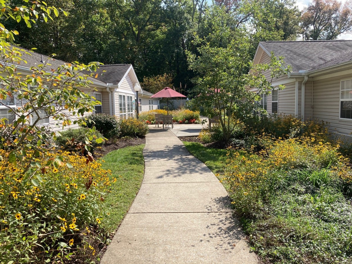 A peaceful garden path flanked by small houses and lush greenery.