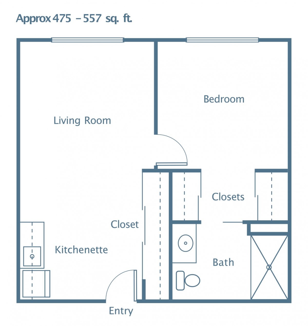 A floor plan of a one-bedroom apartment with an approximate size of 475 to 552 square feet.