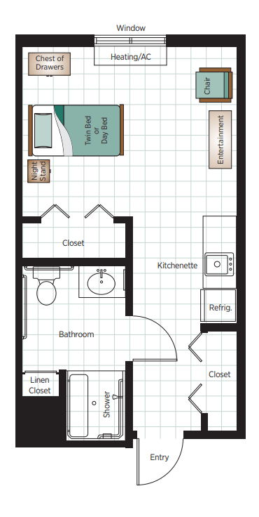 A floor plan of a one-bedroom apartment featuring a kitchen, bathroom, closets, and living area.