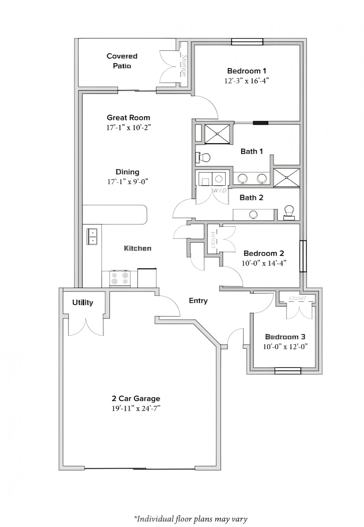 A floor plan of a residential house featuring two bedrooms, two bathrooms, a kitchen, dining area, great room, and a two-car garage.