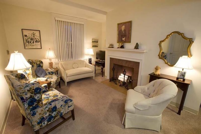 A cozy living room with a fireplace, sofas, and warm lighting.