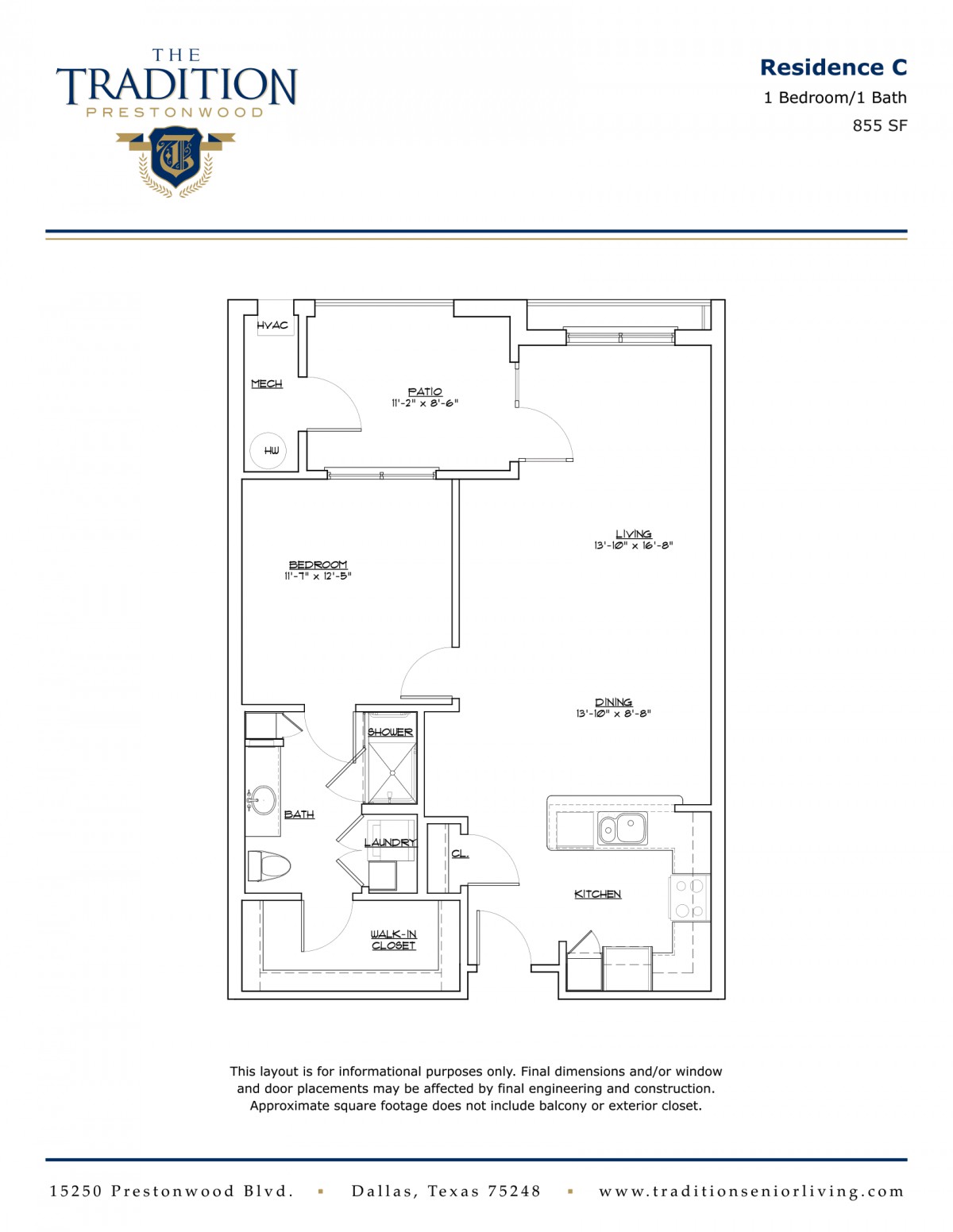 Architectural floor plan of a one-bedroom apartment with designated areas for the living room, kitchen, and bathroom.