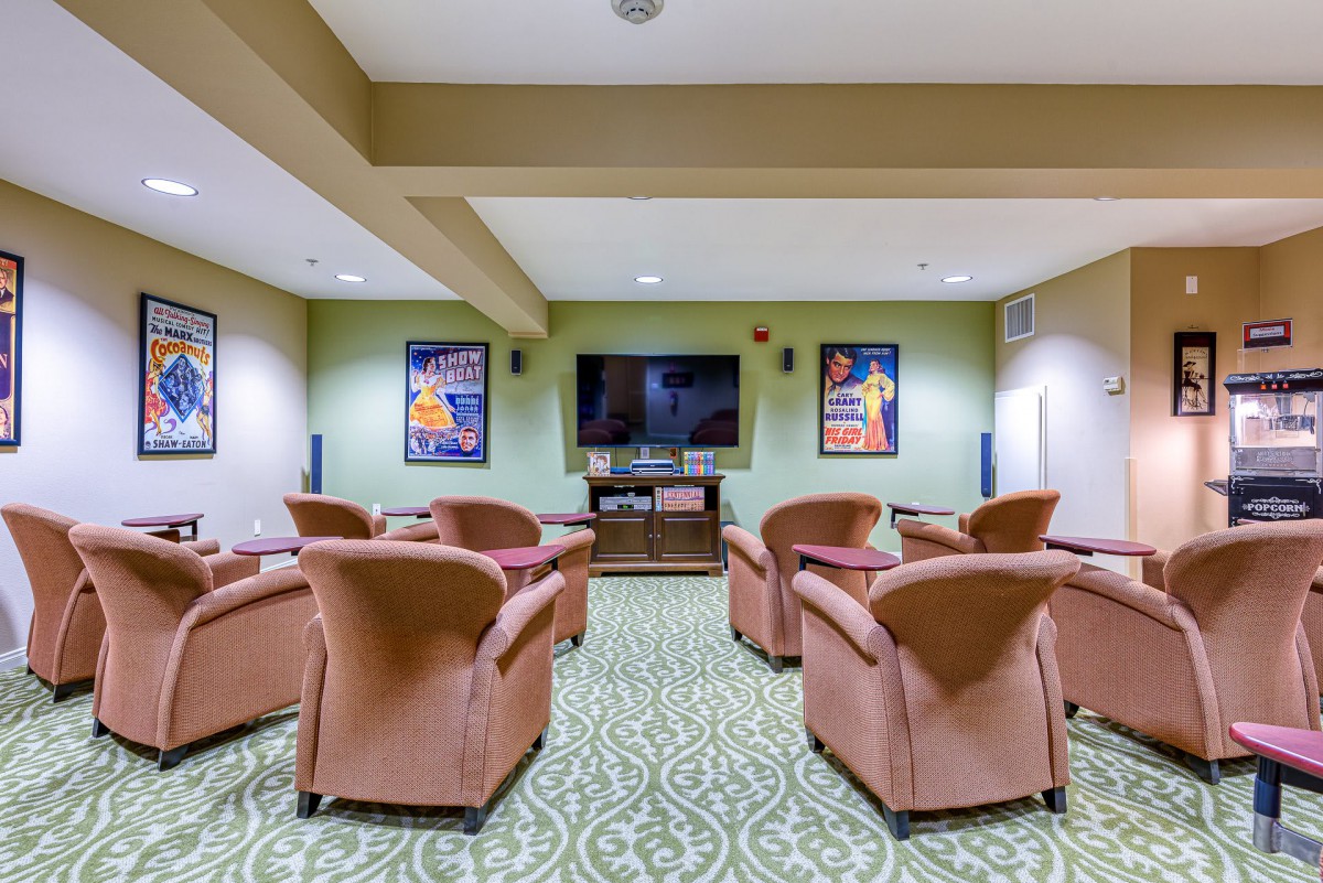 A cozy home theater with comfortable seating and movie posters on the walls.