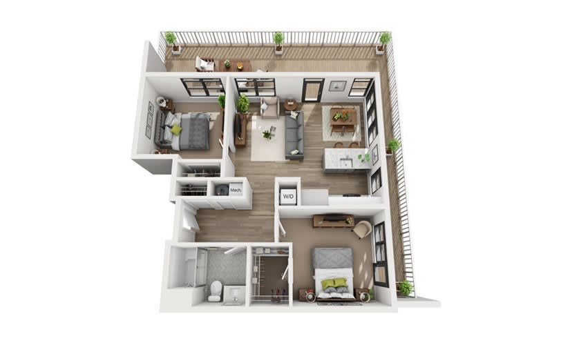A 3D floor plan of a two-bedroom apartment with a spacious living area and balcony.