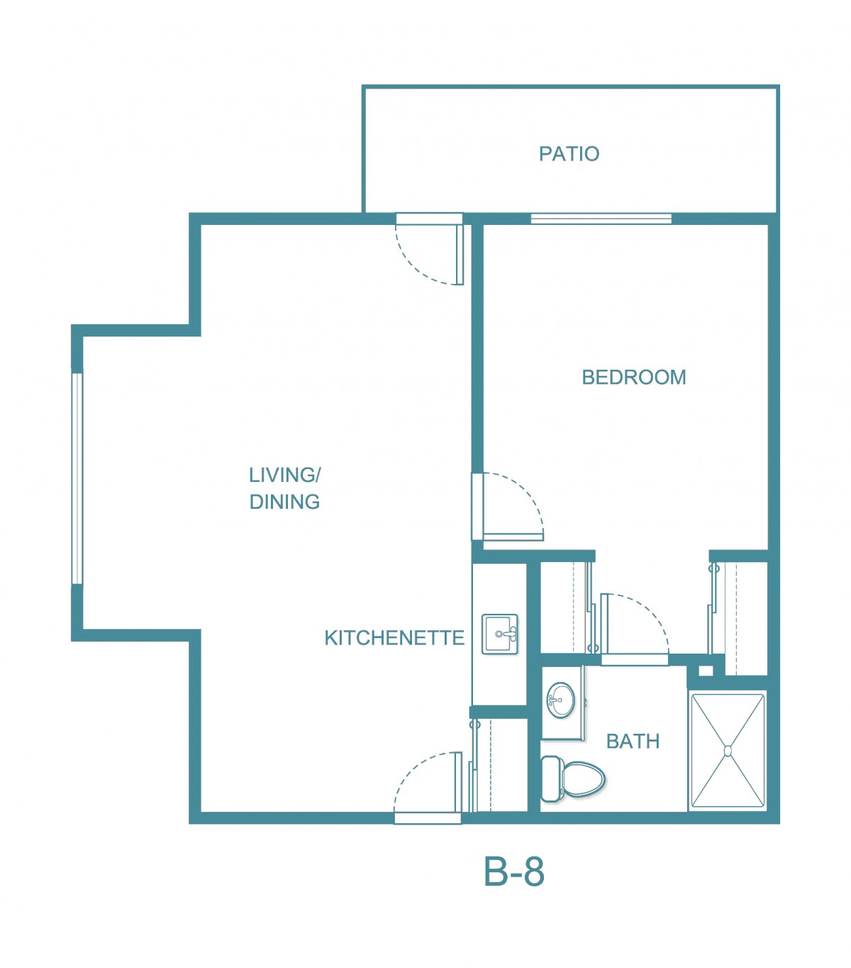 This is a one-bedroom apartment floor plan featuring a living and dining area, kitchenette, bathroom, and patio.