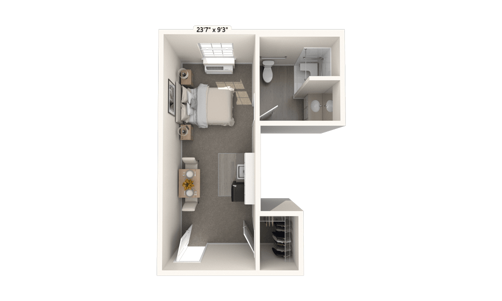 A compact studio apartment floor plan with a bedroom, bathroom, and living area.