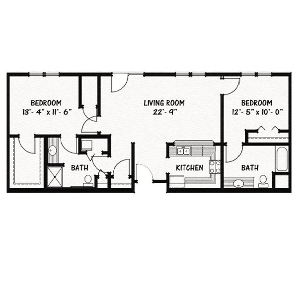 Two-bedroom apartment floor plan with living room, kitchen, and bathrooms.
