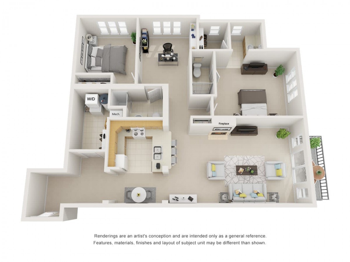 A 3D floor plan showcasing a modern apartment layout with multiple rooms and amenities.