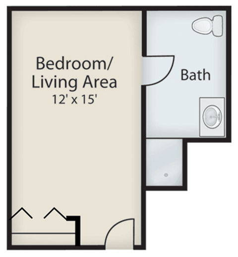 Studio apartment floor plan showing a bedroom/living area and bathroom.