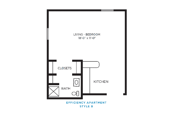 A floor plan of an efficiency apartment with a combined living-bedroom area and a small kitchen.