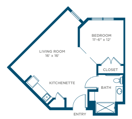A one-bedroom apartment floor plan featuring a living room, kitchenette, bathroom, and closet.