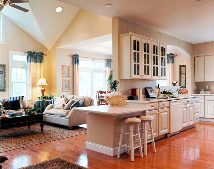A modern open floor plan featuring a kitchen with a central island and adjacent living room.