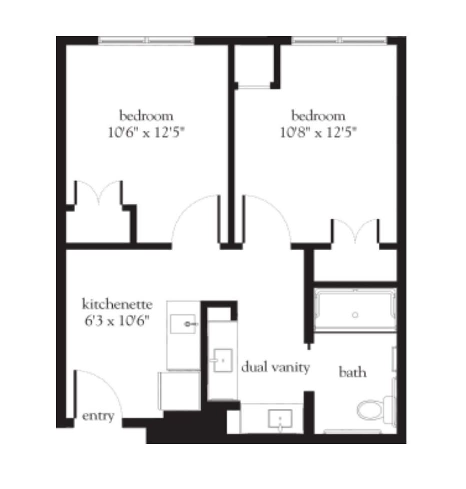 A floor plan of a residential apartment with two bedrooms, a kitchen, and a bathroom.