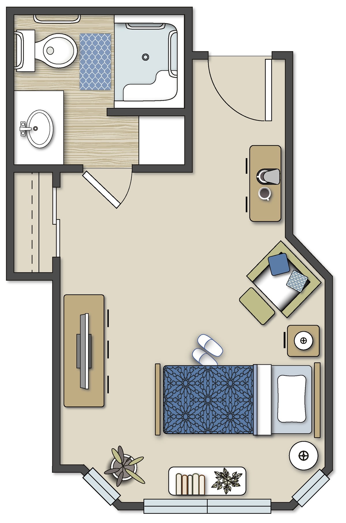 A floor plan of a studio apartment showing the layout of furniture and rooms.