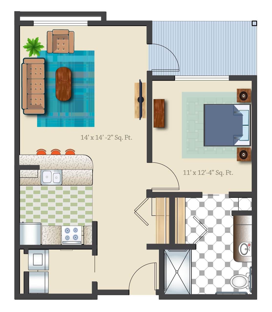 A detailed floor plan showing the layout of an apartment with labeled rooms and furniture placement.
