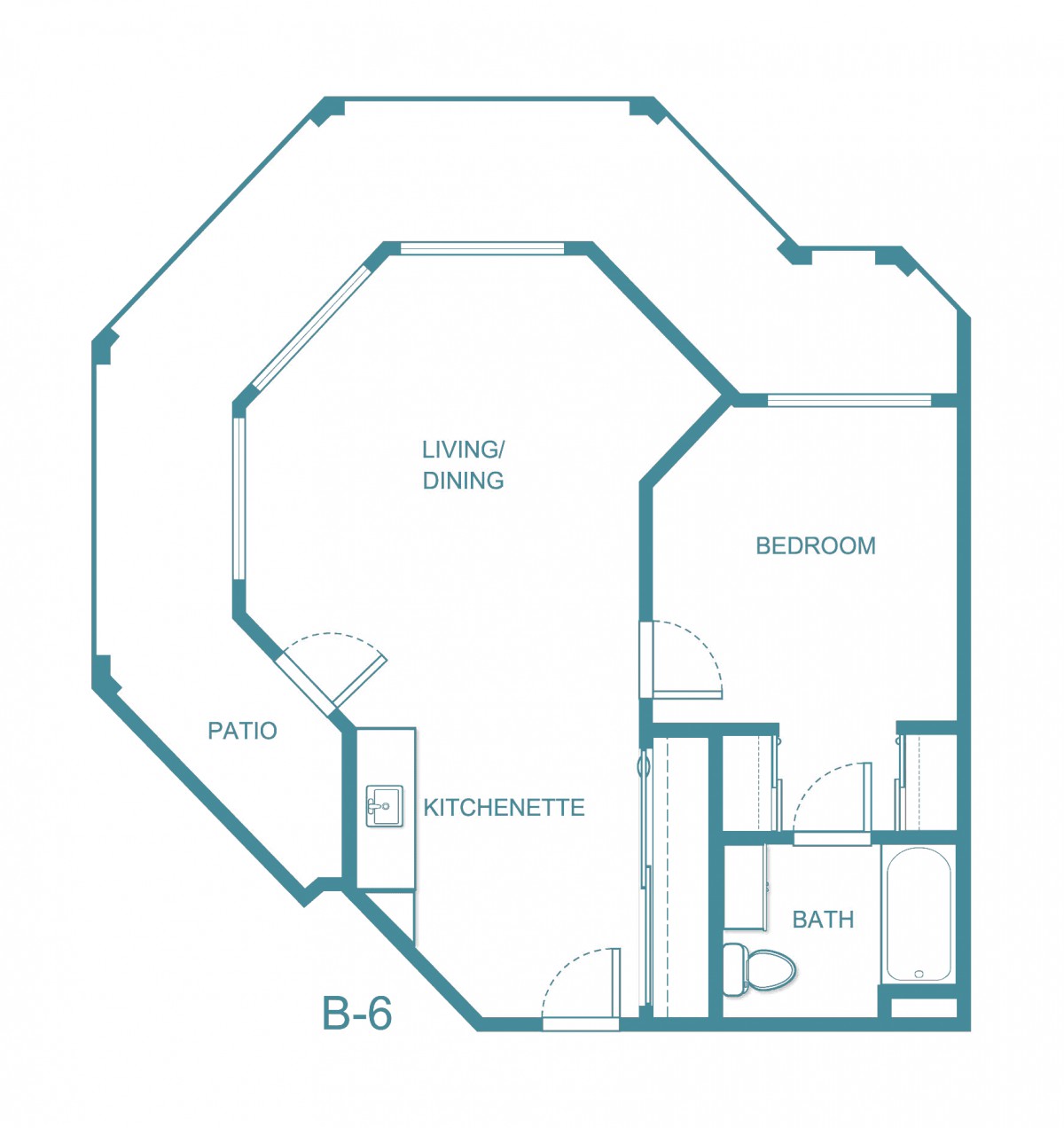 An architectural floor plan of a one-bedroom apartment layout with designated spaces for living, dining, kitchen, bedroom, and bath.